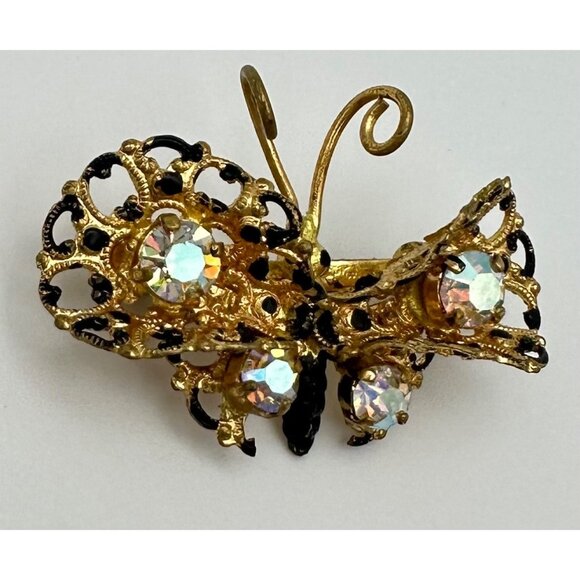 Made in Austria gold tone black spotted AB rhinestones butterfly brooch pin - Picture 4 of 8